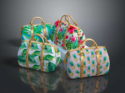 Stylish Handbags with Tropical Leaf and Pineapple Prints Golden Handles and Vibrant Colors 3d model