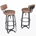 Two Brown Upholstered Bar Stools With Black Metal Frame And High Backrest 3d model