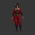 Game Movie Character In Red Traditional Outfit With Headpiece And Sash