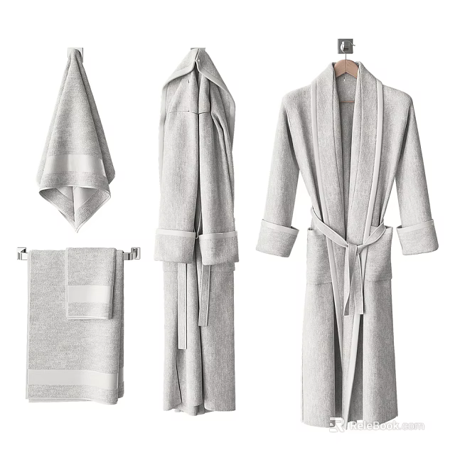 Soft Gray Bathroom Clothing Set With Cozy Bathrobe And Towel Linen 3d model 