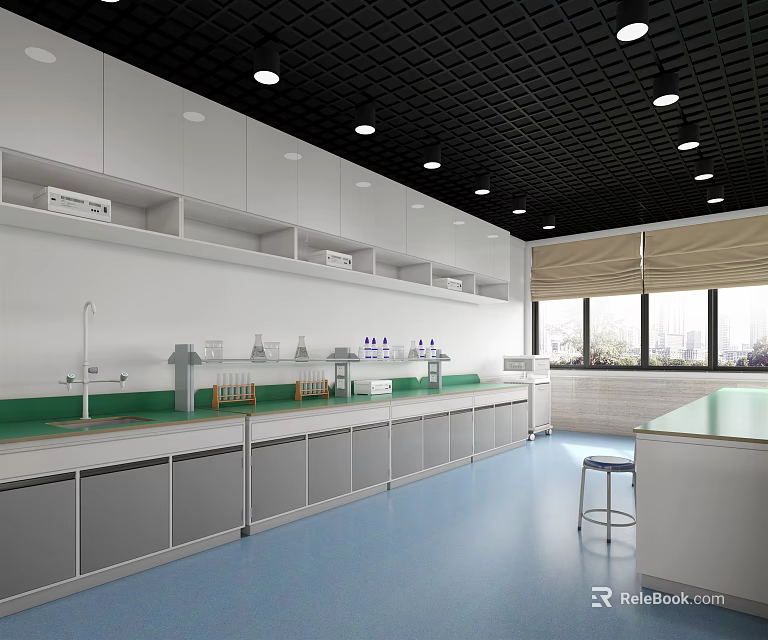 Modern Laboratory Interior With Green Counter Lab Benches Sinks White Cabinets And Windows 3d model 
