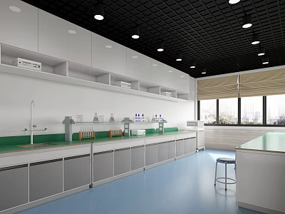 Modern Laboratory Interior With Green Counter Lab Benches Sinks White Cabinets And Windows 3d model