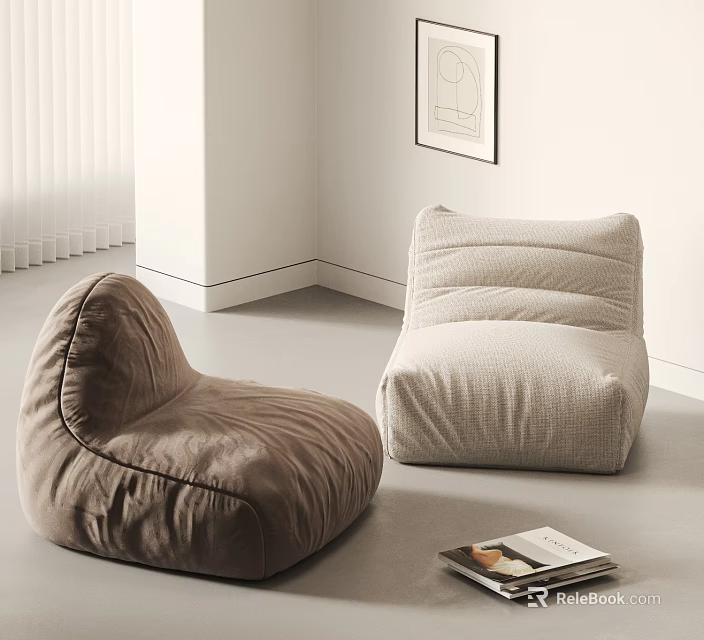 Brown And Beige Velvet Bean Bag Chairs In Modern Minimalist Interior With Window And Magazines 3d model 