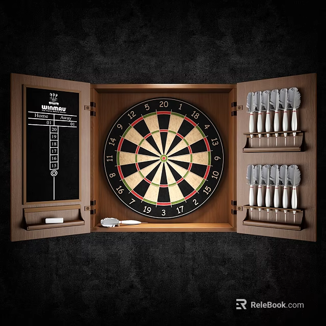 Organized Sports Equipment Open Wooden Cabinet With Dartboard Darts And Scoreboard 3d model 