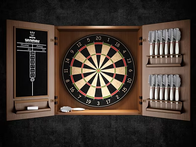 Organized Sports Equipment Open Wooden Cabinet With Dartboard Darts And Scoreboard 3d model