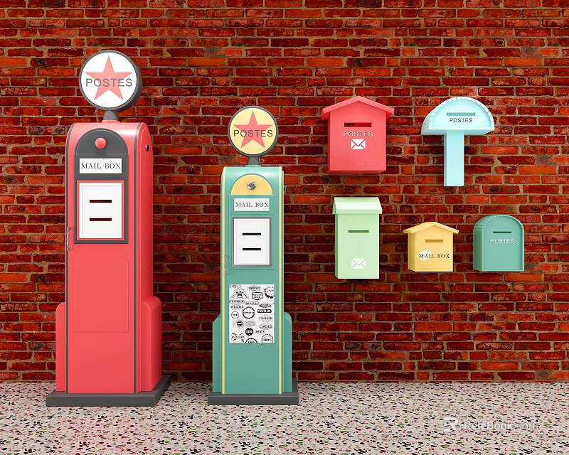 Public Facilities Featuring Colorful Telephone Booths And Mailboxes On Brick Wall 3d model 