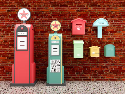 Public Facilities Featuring Colorful Telephone Booths And Mailboxes On Brick Wall 3d model