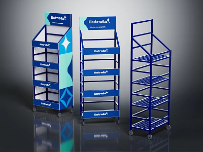 Sturdy Blue Display Racks With Multiple Shelves Metal Frame And Wheels 3d model