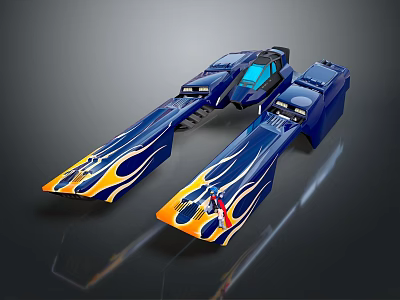 Blue And Orange Flame Pattern Toy Car With Two Connected Streamlined Racing Model Design 3d model