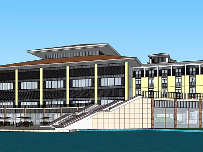 Modern Waterfront Hotel Building With Yellow White Exterior Large Windows And Brown Roof 3d model