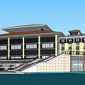 Modern Waterfront Hotel Building With Yellow White Exterior Large Windows And Brown Roof