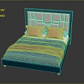 Modern Double Bed With Teal Headboard White Gold Square Patterns Orange Pillows Blanket And Bedspread