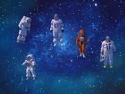 Multiple Astronauts in Space Suits Floating in Starry Cosmic Space Background 3d model