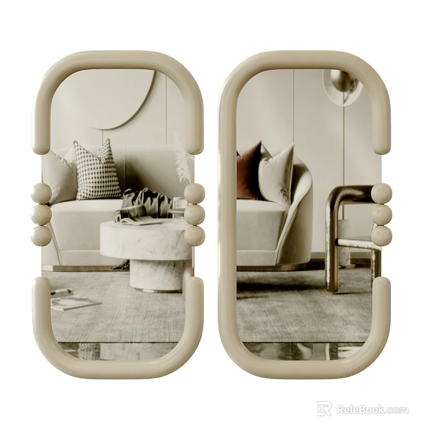 Stylish Mirrors Reflecting Modern Living Room With Sofa And Table 3d model 