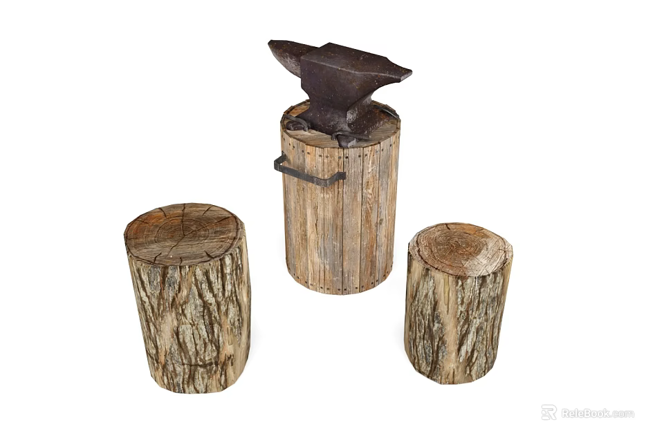 Vintage Hardware Tools Display With Anvil On Wooden Stump And Side Logs 3d model 