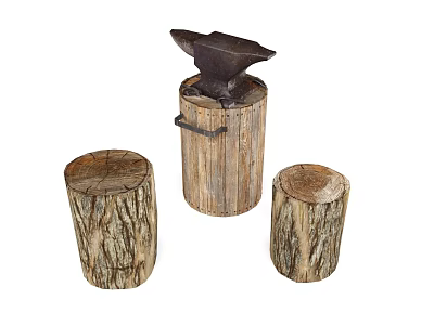 Vintage Hardware Tools Display With Anvil On Wooden Stump And Side Logs 3d model