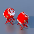 Red Decorative Drums With White Patterns On Red Stands As Household Decor Items 3d model