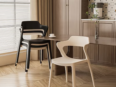 Modern Dining Table Set With Black And White Chairs Wooden Floor And Vase 3d model
