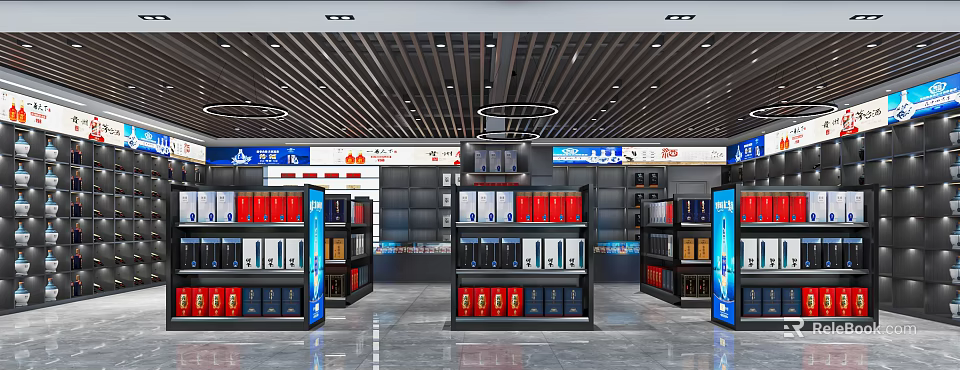 Modern Tobacco and Alcohol Store Interior With Neatly Arranged Shelves And Red Blue Black Packages 3d model 