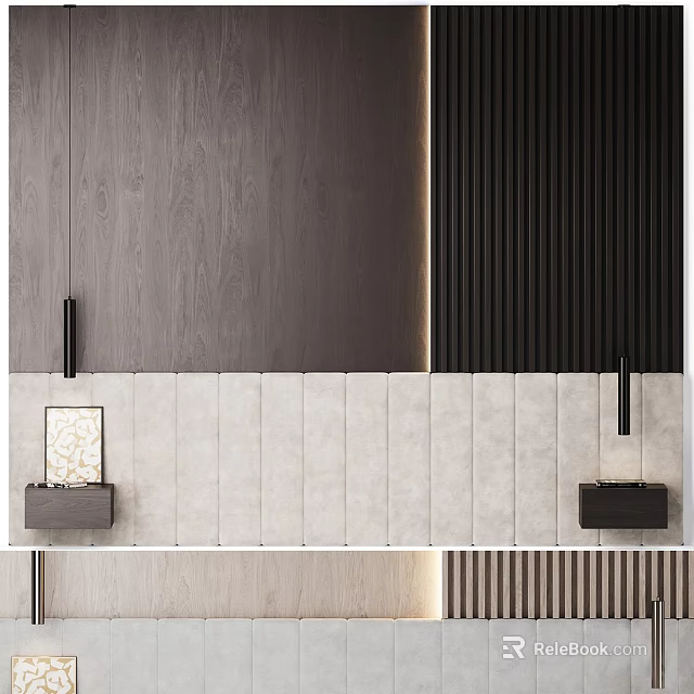 Modern Bedhead Wall With Wooden Panels And Vertical Slats 3d model 
