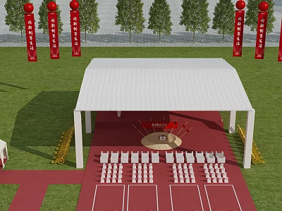 Outdoor Event Setup With White Canopy Red Carpet Green Grass Chairs Tables And Trees 3d model