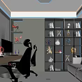Modern Entertainment Room With Gaming Monitors Bookshelves Sofa Guitar Decor And Hexagon Lighting