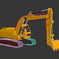 Yellow Toy Excavator With Tracks And Front Bucket On Black Background