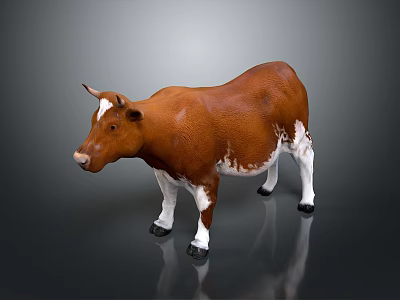 Detailed Brown And White Cow Figurine With Shiny Surface And Reflection 3d model