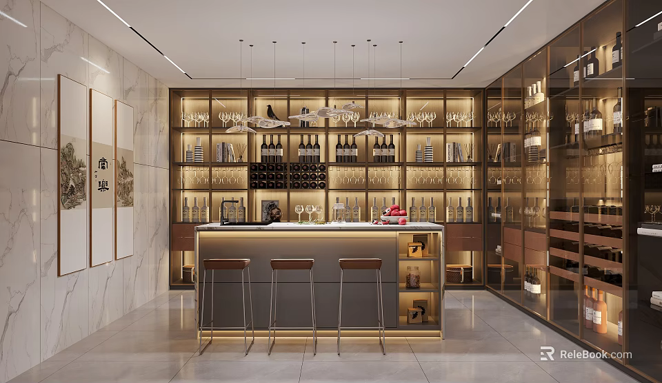 Modern Wine Cellar Interior Design With Wine Racks Wine Bottles Bar Counter And Bar Stools 3d model 