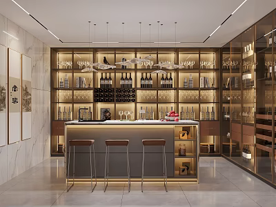 Modern Wine Cellar Interior Design With Wine Racks Wine Bottles Bar Counter And Bar Stools 3d model