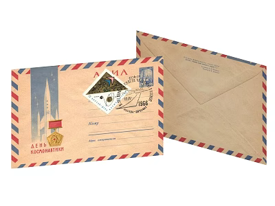 Vintage Envelope and Postcard With Stamps Red Blue Striped Borders and Medal 3d model