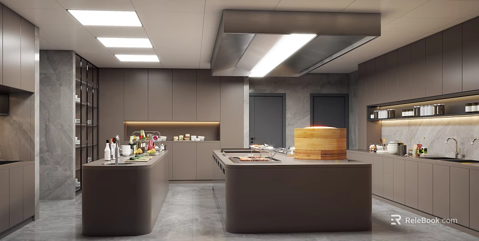 Commercial Kitchen Interior Design With Dark Cabinets Central Island And Wooden Steamer 3d model 