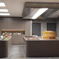 Commercial Kitchen Interior Design With Dark Cabinets Central Island And Wooden Steamer