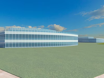 Modern Office Building With Glass Curtain Wall Large Lawn Blue Sky And White Clouds 3d model