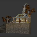 Cartoon Style Rocky Mountain Scene With Cabin Watchtower Trees And Solar Panels