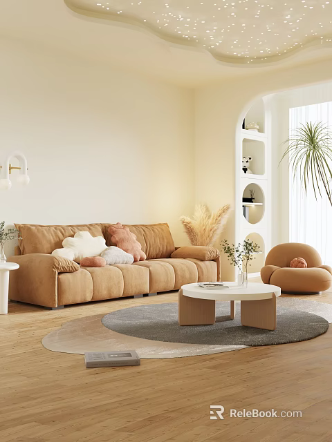 Cozy Modern Sofa And Coffee Table Set With Soft Pillows Wooden Table And Decorative Plants 3d model 
