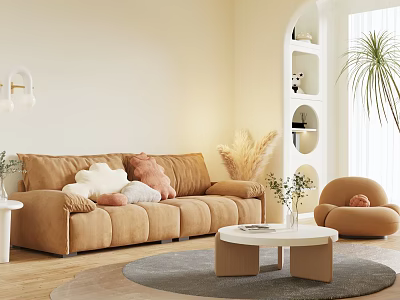 Cozy Modern Sofa And Coffee Table Set With Soft Pillows Wooden Table And Decorative Plants 3d model