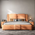 Double Bed with Orange Quilted Upholstered Headboard Gray Comforter Pillows Window Natural Light Green View