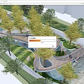 Modern Park Landscape with Winding Wooden Walkways Green Trees and People Walking and Water Features