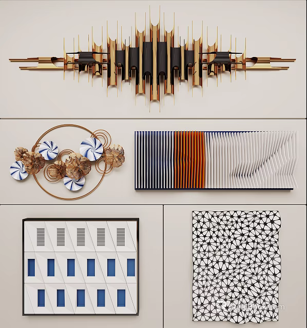 Stylish Wall Decor Collection With Geometric Shapes Metal Frames And Patterned Panels 3d model
