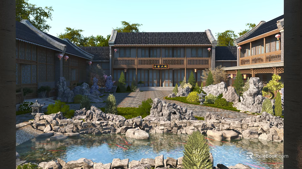 Traditional Chinese Garden Landscape With Pond Rockery Pathway Greenery And Ancient Buildings 3d model 