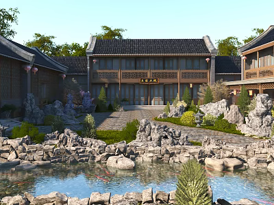 Traditional Chinese Garden Landscape With Pond Rockery Pathway Greenery And Ancient Buildings 3d model