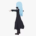 Woman With Blue Long Hair Wearing Black Long Coat And Gray Pants Arms Outstretched