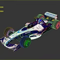 Blue and White Single Seater Racing Car With Sponsor Logos And Rear Wing