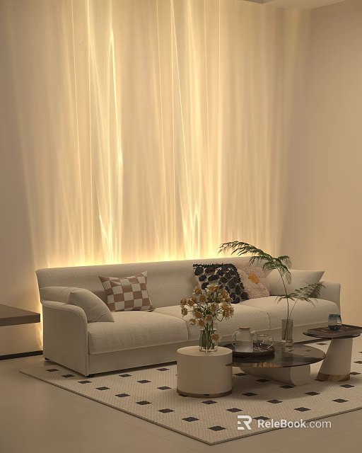 Cream Colored Three Seater Sofa with Throw Pillows Curtains Sunlight Green Plants and Side Tables 3d model 