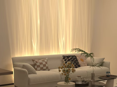 Cream Colored Three Seater Sofa with Throw Pillows Curtains Sunlight Green Plants and Side Tables 3d model