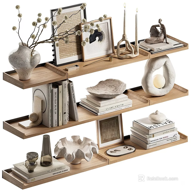 Decorative Ornaments Set On Wooden Shelves Featuring Vase Sculptures Photo Frames Books And Plates 3d model 