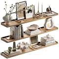 Decorative Ornaments Set On Wooden Shelves Featuring Vase Sculptures Photo Frames Books And Plates