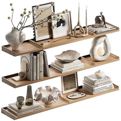 Decorative Ornaments Set On Wooden Shelves Featuring Vase Sculptures Photo Frames Books And Plates 3d model
