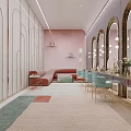 Modern Beauty Salon Interior With Pink Walls Curved Sofa Turquoise Chairs And Decorative Mirrors
